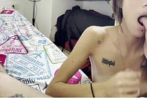 College stepsister with big tits and ebony skin gives interracial blowjob while alone at home in lingerie. She spits during domination workout in cage.