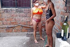 Whores enjoy day off with sensual bath in country house touching tits and vagina!