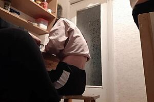 while preparing for the exam our stepmother watched us in the kitchen. she touched herself quietly during the moment.