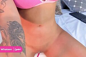 Horny Hottie Karo Whatson Teases Creamy Wet Pussy With Vibrator Spreading Legs In Bedroom