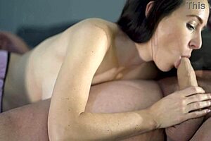 hot blue-eyed brunette sucks thick cock and swallows cum load