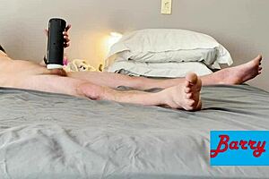 Solo guy edges intensely with vibrating sucking toy on big monster cock for orgasm