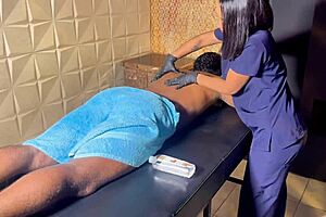 regular massage turns into happy ending with colombian fitness babe using hands and mouth