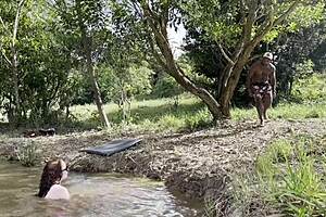 albina boldly hooks up with a stranger in the woods for raw creampie sex