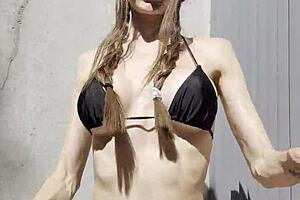 Bikini babe in plaits uses oil and vibrator for close up wet pussy orgasm. Skinny milf moans solo with shaved beaver.