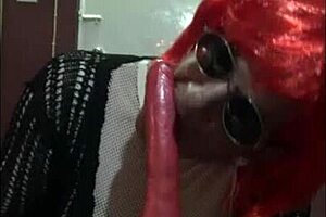 Bisexual crossdresser Mark Wright fucks a dildo on a stick then sucks it clean wishing it was your cock instead of this rubber one