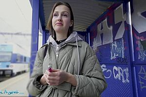 This smoker at the train station pulled out her tits to pay the fine with public blowjob and riding. She got cumshot after doggystyle sex for cash in Ukrainian pickup.