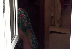 I feel so exposed with neighbor watching my sexy blonde wife shower naked outdoors. Her big natural tits and wet pussy get handjob attention in public bathroom nudity.