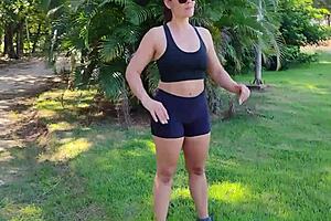 Mature Brazilian milf gives blowjob to young guy in public forest park