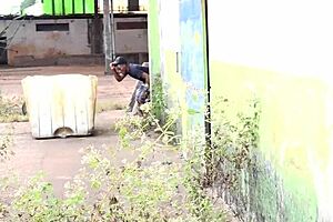 Enjoying neighbor in abandoned garage by masturbating her pussy with dildo surprise