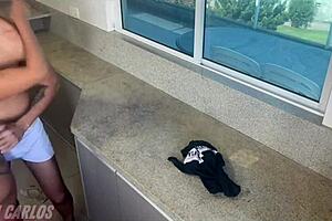 Kitchen fuck ends with hot cumshot in her eager mouth