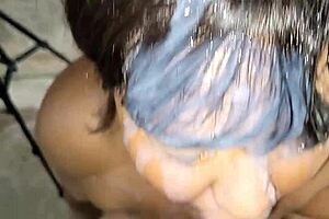 stepmom milf takes huge facial cumshot from stepson in backyard squirt