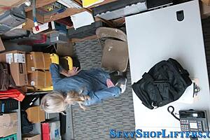 Naughty petite blonde shoplifter swallows massive cumshot