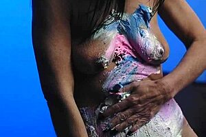 messy birthday cake smeared all over milf's huge natural tits!