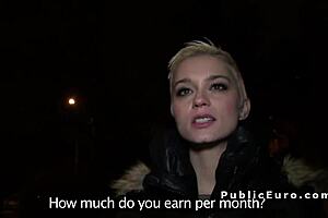 euro blonde flashes huge tits outdoors then bangs in public group fuck