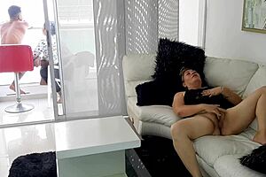 Caught horny stepmom fingering her shaved pussy