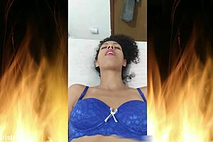 beautiful latina brunette in blue lingerie flashes shaved wet pussy solo