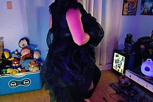 Hotwife dressed as merlina rides lover's cock with buttplug in tight shaved pussy