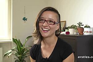 brunette babe teases her trimmed pussy with toys up close