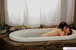 Petite Lesbians Lick Shaved Pussies in Steamy Bathtub Oral