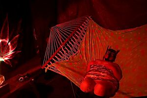 what if she fingers her wet hole harder in that tent hammock tease?