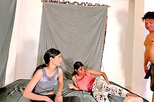 girls devour cock ride hard in squirting threesome creampie blast