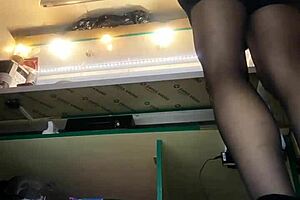sexy milf's long legs flash big pussy lips in miniskirt at work