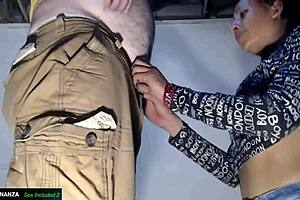 Skinny latina milf kneels for deepthroat blowjob swallowing mouthful cum