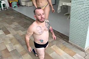 hot boss with no cash pays tiny pool boy by riding his cock with her tight pussy