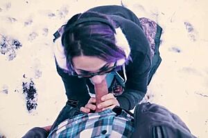 Nerdy teacher with glasses gives deepthroat facial in snowy public park