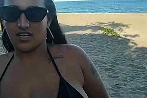 hot latina wife flashes big tits outdoors sucking hubby's cock before facial on public beach