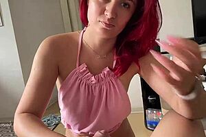 redhead tail plug dances moans cums on cock