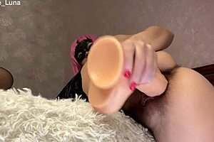 wanna see this sexy milf's hairy pussy drip cum from crazy dildo fisting?