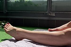 Huge cock guy voyeurs wife's big feet jerking cum terrace