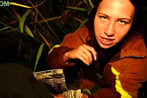 glued street girl gives mouthful cum in bushes