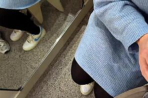 Risky public blowjob in fitting room with open curtain as curvy German milf sucks huge cock