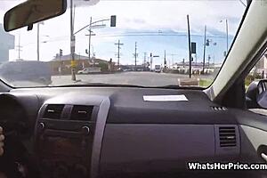 Big titted taxi driver sucks cock and fucks passenger for cash in car pov