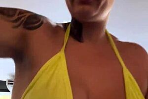 Gym bikini tease with piercing pussy has dudes staring hard