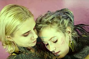 Tattooed alt girl strap-on pounds skinny lesbian bent over doggystyle dripping wet pussy