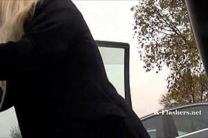 Amateur blonde Jakki flashes shaved pussy in car
