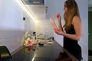 Sexy DORM girl in NIGHTIE BORED in KITCHEN!! Ignore her LONG LEGS?