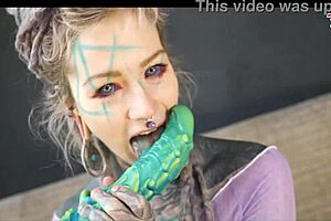 hippy goth's inked asshole gapes on monster cock and dildo