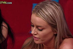 Slutty dominant babes give CFNM group handjobs in heels skirts