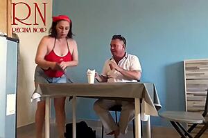 naked waitress serves guest eating straight from her navel spot