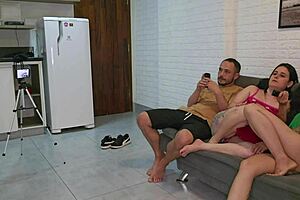 Naughty friend teaches shy wife to dance seductively sparking hubby's raging hard-on for wild threesome fun.