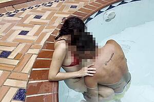 Skinny 18yo horny teen fucks outdoors in pool water 💦😈🌊