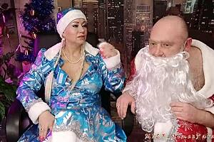 mature santa bride's face slyly coated in hubby's thick cum after close-up cowgirl ride