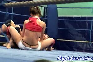 Busty lesbian babes catfight wrestle on floor