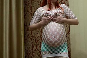 pregnant milf hikes panties, rams dildo into hairy pussy in stockings