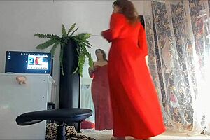curvy redhead milf sonya teases upskirt in long dress, nude mirror chill